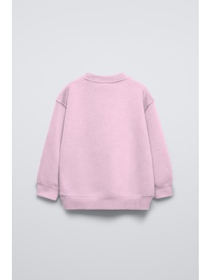 Pembe Çocuk Çiçekli Ayıcık Baskılı Bisiklet Yaka Oversize Sweatshirt