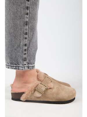 Manijero (Zeta 2 Kürklü ) Kadın Deri Kemerli Tokalı Sabo Vizon Terlik