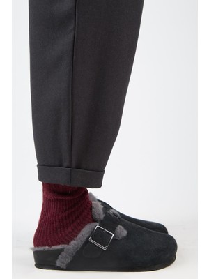 Manijero (Zeta 2 Kürklü ) Kadın  Deri Kemerli Tokalı Sabo Antrasit Terlik