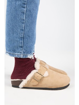 Manijero (Zeta 2 Kürklü ) Kadın Deri Kemerli Tokalı Sabo Kum Terlik