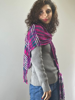 Mor Pembe Renkli Yumuşak Kadın Fular Şal Ekose 160X40 cm