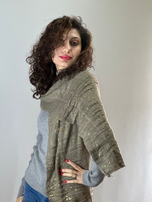 Kahverengi Varaklı Kadın Fular Şal Atkı 200X35 cm