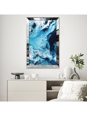 Zevahir Mobilya Dekorasyon Gold Aynalı Pleksi Çerçeveli Dalgalı Okyanus Mavi Beyaz Desen Manzara Tablo