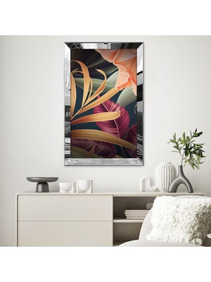 Zevahir Mobilya Dekorasyon Gold Aynalı Pleksi Çerçeveli Cennet Çiçekleri Tropikal Egzotik Renkli Botanik Yapraklar Tablo