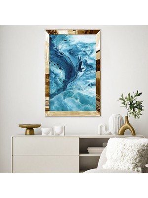 Zevahir Mobilya Dekorasyon Gümüş Aynalı Pleksi Çerçeveli Mavi Beyaz Dalgalar Soyut Tablo