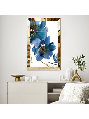 Zevahir Mobilya Dekorasyon Gümüş  Aynalı Pleksi Çerçeveli Beyaz Arka Planlı Mavi Modern Çiçek Tablo