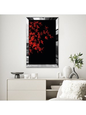 Zevahir Mobilya Dekorasyon Gümüş  Aynalı Pleksi Çerçeveli Kırmızı Sonbahar  Modern  Soyut Tablo