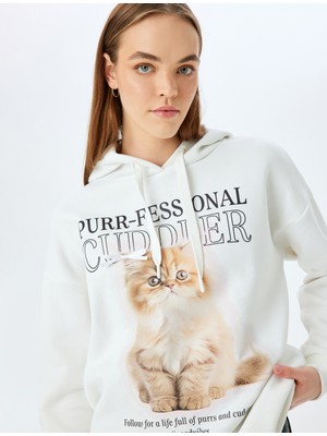 Koton Kapüşonlu Kedi Baskılı Uzun Kollu Rahat Kalıp Sweatshirt