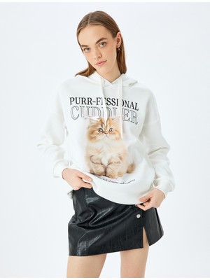 Koton Kapüşonlu Kedi Baskılı Uzun Kollu Rahat Kalıp Sweatshirt