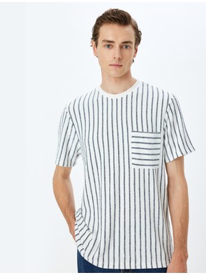 Koton Çizgili Cepli Kısa Kollu Viskon Karışımlı Bisiklet Yaka T-Shirt