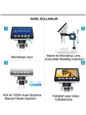 Alfalink LCD Dijital Ekranlı Mikroskop 50X -1000X Büyütme USB Hd 1080P 4.3inç