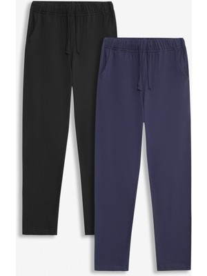 elemge %100 Pamuk 2'li Takım Süprem Erkek Pijama Altı Rahat Kalıp Cepli Ipli Terletmez Esnek Siyah-laci Alt