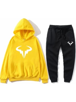 Amor Man Büyük Beden Özel Tasarım Kapüşonlu Boğa Silüet Baskılı Modern Kışlık Erkek Eşofman Takımı