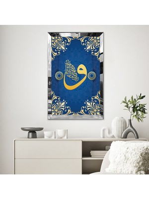 Zevahir Mobilya Dekorasyon Gümüş  Aynalı Pleksi Çerçeveli Mavi Arka Plan Vav Harfi Yazılı Tablo