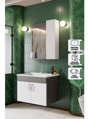 Karen Banyo Gümüş 65 cm Lavabolu Banyo Dolabı Retro Gümüş-Beyaz Lavabo Dahil