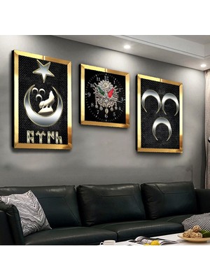 Zevahir Mobilya Dekorasyon Göktürk Pleksi Kenar 3'lü Mdf Tablo ve Saat Seti