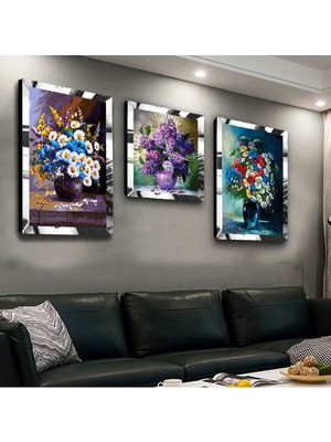 Zevahir Mobilya Dekorasyon Çiçekli Vazo Pleksi Kenar 3'lü Mdf Tablo ve Saat Seti