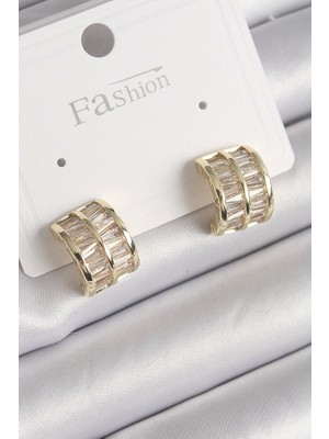 Pirinç Gold Renk Çift Sıra Zirkon Taşlı Kadın Küpe