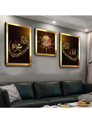 Zevahir Mobilya Dekorasyon Osmanlı Tuğrası ve Vav Dinipleksi Kenar 3'lü Mdf Tablo ve Saat Seti