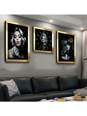 Zevahir Mobilya Dekorasyon Marilyn Monroe Pleksi Kenar 3'lü Mdf Tablo ve Saat Seti
