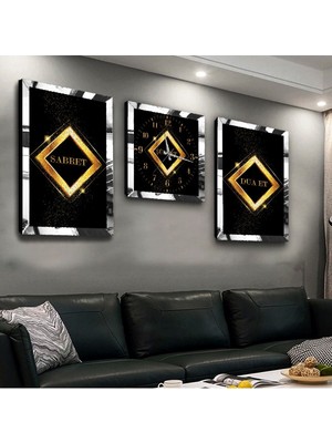 Zevahir Mobilya Dekorasyon Sabret Şükret Dua Et Pleksi Kenar 3'lü Mdf Tablo ve Saat Seti