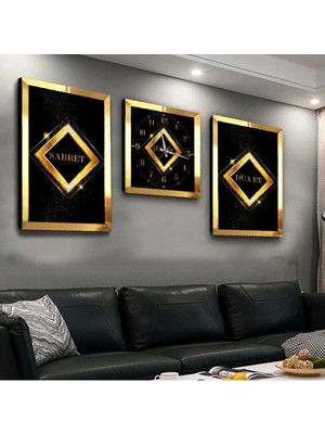 Zevahir Mobilya Dekorasyon Sabret Şükret Dua Et Pleksi Kenar 3'lü Mdf Tablo ve Saat Seti