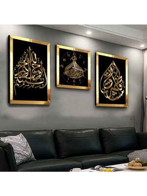 Zevahir Mobilya Dekorasyon Dini Tablo Pleksi Kenar 3'lü Mdf Tablo ve Saat Seti
