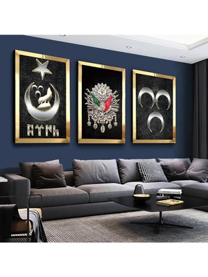 Zevahir Mobilya Dekorasyon Osmanlı Tuğrası ve Türklük Gold Pleksi Kenar 3'lü Mdf Tablo Seti