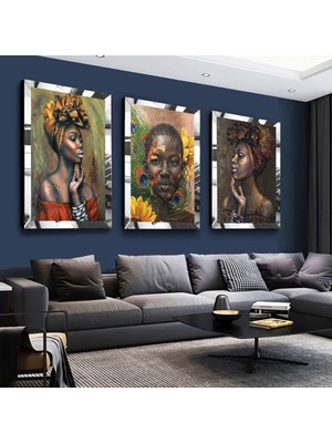 Zevahir Mobilya Dekorasyon Afraklı Kadın Modern Gümüş Pleksi Kenar 3'lü Mdf Tablo Seti