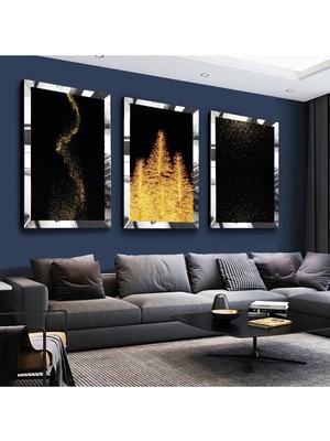 Zevahir Mobilya Dekorasyon Altın Sarı Ağaçlar Gold Pleksi Kenar 3'lü Mdf Tablo Seti