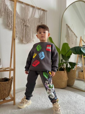 Sacro Kids LEGO Oyuncak Desenli Baskılı Eşofman-Sweatshirt 3 Iplik Şardonlu Kışlık Erkek Çocuk Takım