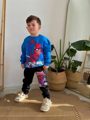 Sacro Kids Örümcek Adam Desenli Baskılı Eşofman-Sweatshirt 3 Iplik Şardonlu Kışlık Erkek Çocuk Takım