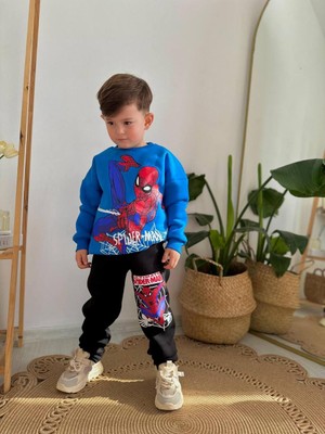 Sacro Kids Örümcek Adam Desenli Baskılı Eşofman-Sweatshirt 3 Iplik Şardonlu Kışlık Erkek Çocuk Takım