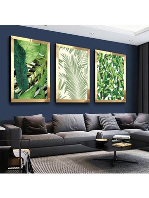 Zevahir Mobilya Dekorasyon Yeşil Yapraklar Modern Gümüş Pleksi Kenar 3'lü Mdf Tablo Seti