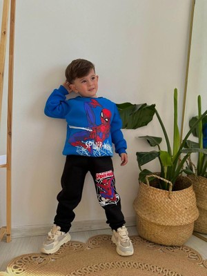 Sacro Kids Örümcek Adam Desenli Baskılı Eşofman-Sweatshirt 3 Iplik Şardonlu Kışlık Erkek Çocuk Takım