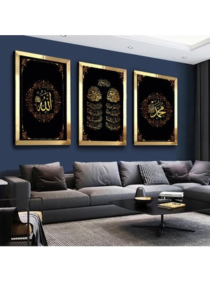Zevahir Mobilya Dekorasyon Allah Muhammed Lafzı Gümüş Pleksi Kenar 3'lü Mdf Tablo Seti