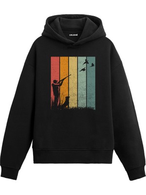 Colermi Doğa ve Avcı Silüet Baskılı Retro Ünisex Kapşonlu Hoodie