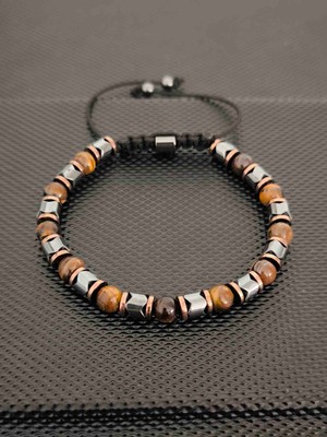 Tahrastone 6 mm Kaplangözü ve Gri Zik Zak Hematit Doğaltaş Bileklik