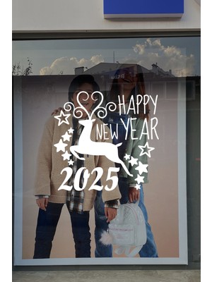 New Jargon Geyik ve Happy New Year 2024 Yılbaşı Süslemeleri Yeni Yıl Vitrin Cam Sticker