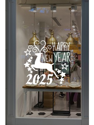 New Jargon Geyik ve Happy New Year 2024 Yılbaşı Süslemeleri Yeni Yıl Vitrin Cam Sticker