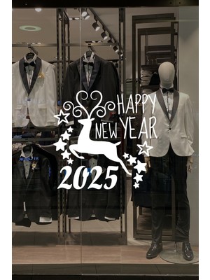 New Jargon Geyik ve Happy New Year 2024 Yılbaşı Süslemeleri Yeni Yıl Vitrin Cam Sticker