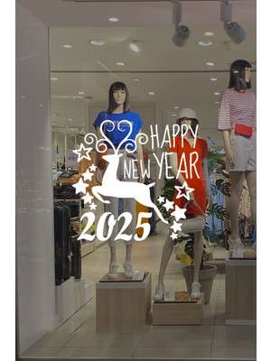 New Jargon Geyik ve Happy New Year 2024 Yılbaşı Süslemeleri Yeni Yıl Vitrin Cam Sticker