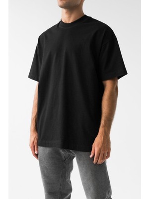 Guaraz Erkek Siyah Oversize Bisiklet Yaka %100 Pamuk Düz Basic Yazlık T-Shirt