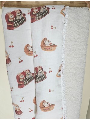 Leylace Yeni Beyaz Çift Kat Müslin ve Teddy Kumas Tavşan Desenli Bebek Battaniyesi