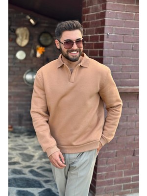 Tirenze Erkek Siyah Polo Yaka Pamuklu Yumuşak Kalın Kumaşlı Oversize Sweatshirt