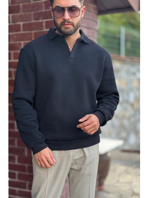 Tirenze Erkek Siyah Polo Yaka Pamuklu Yumuşak Kalın Kumaşlı Oversize Sweatshirt