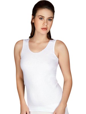 Shop58 Beyaz Ribana Yakası İşlemeli Kalın Askılı Atlet 8552