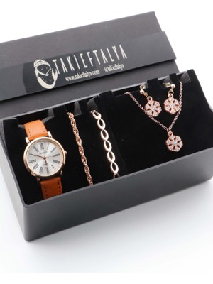 Northwatch Retro Minimal Deri Kordon Kadın Saat, Bileklik ve Küpe Seti