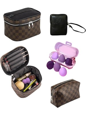 NS Reliable 4'lü Makyaj Organizeri Kozmetik Çanta Seti & 3'lü Makyaj Süngeri - Kahverengi Damalı