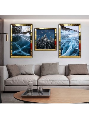 Zevahir Mobilya Dekorasyon Mavi Dalga Aynalı Gümüş Pleksi Çerçeveli Mdf Tablo Ve Saat Seti